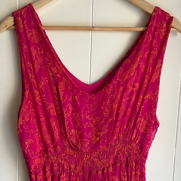 LARA. G. Silk Vibrant Pink Orange Sleeveless Smocked V-Neck Boho Maxi Dress - Picture 3 of 7